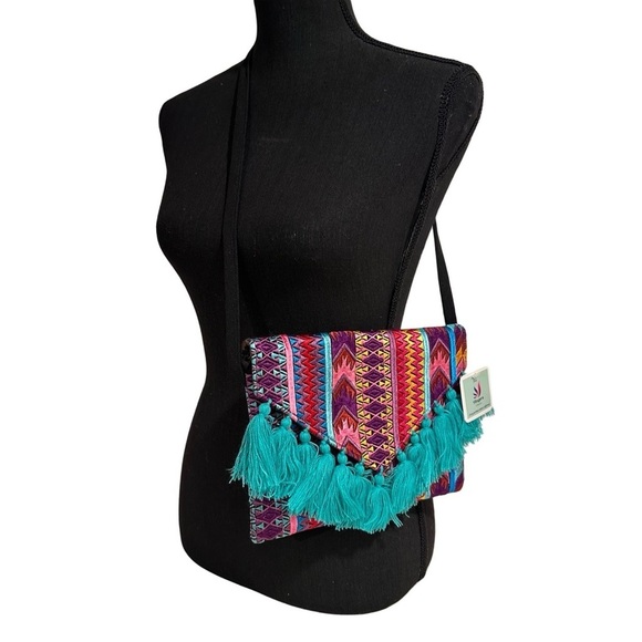 Ethnic Boho Large Clutch Suede Wristlet Bag Handmade Embroidery Tassels Indi NEW - Picture 2 of 16